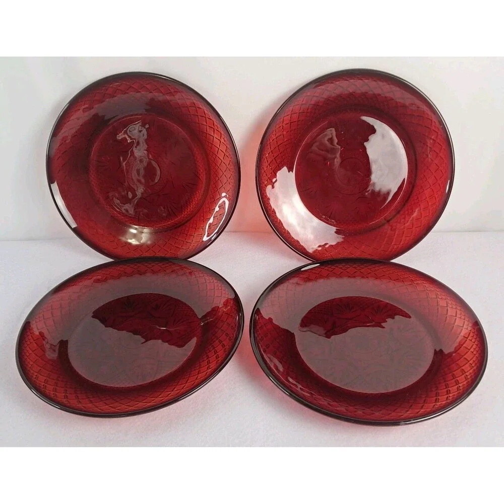 Set of 4 Cristal D’Arques-Durand Ruby Red 8” Salad Pressed Plates